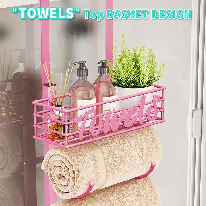 HapiRm Towel Racks for Bathroom Storage - 9 Tier Over The Door & Wall Mount Rolled Towel Storage Organizer Holder with Metal Shelf Basket for Small Bathroom, Camper, Rv - Pink, Patented
