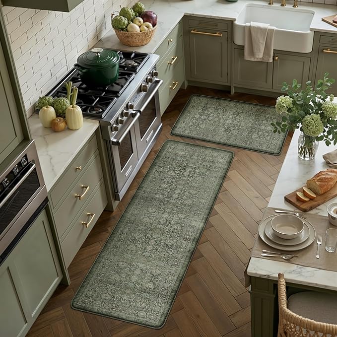 PureCozy Kitchen Mats 2PCS Anti Fatigue Cushioned Mat Green Vintage Kitchen Mats for Floor Waterproof Non Slip Comfort Standing Distressed Rug for Sink Laundry Office 17.3"x59"+17.3"x30"