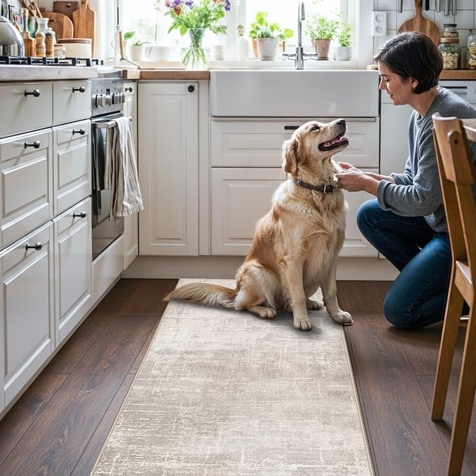 Washable 2x5 Kitchen Runner Rug: Abstract Water Resistant Sink Stove Entryway Rug Soft Living Room Bedroom Beside Carpet Thin Low Pile Non-Slip Hallway Bathroom Laundry Room Floor Mat(2X5,Beige/Cream)