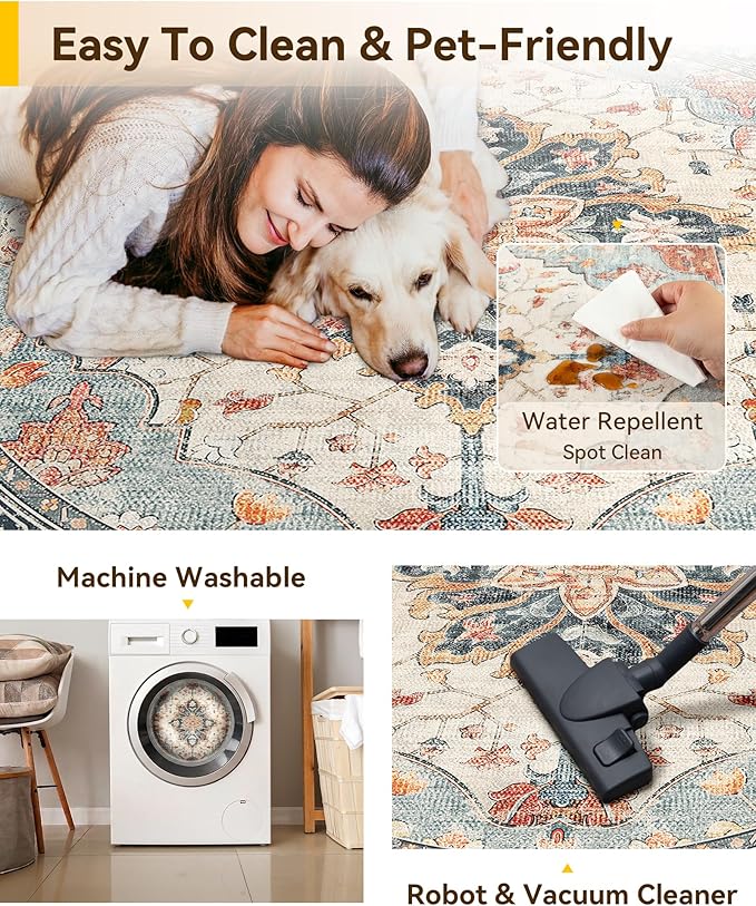 RELEANY Area Rugs Round 10ft Washable Non-Slip, Floral Vintage Distress Medallion Carpet for Living Room Bedroom Dining Room, Beige Navy Blue Orange Colorful