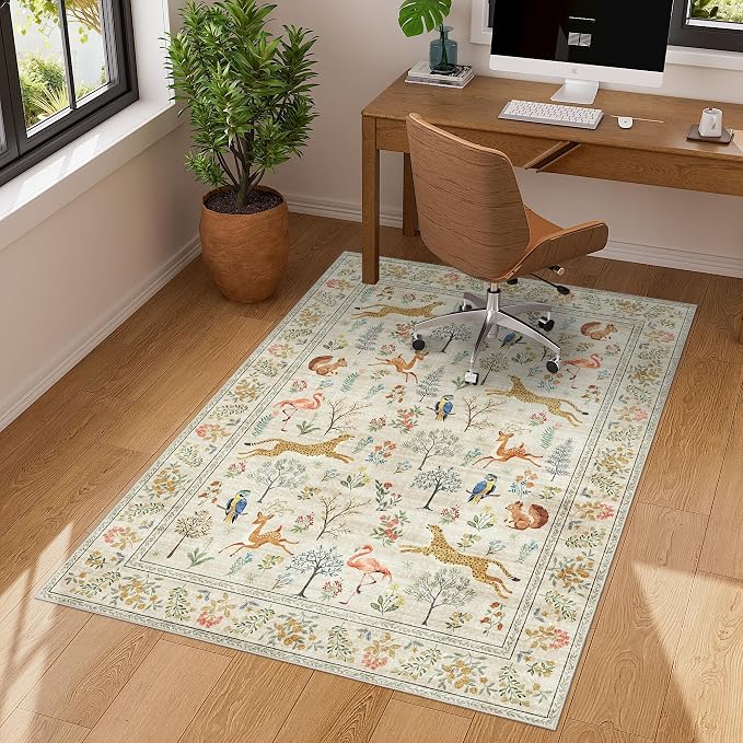 DUKINO 3x4 Washable Entryway Rug, Vintage Animal Ultra Soft Kitchen Area Rug with Non Slip Backing, Low Pile & Stain Resistant Indoor Door Mat for Bathroom, Bedroom, Laundry Room, Office, Beige