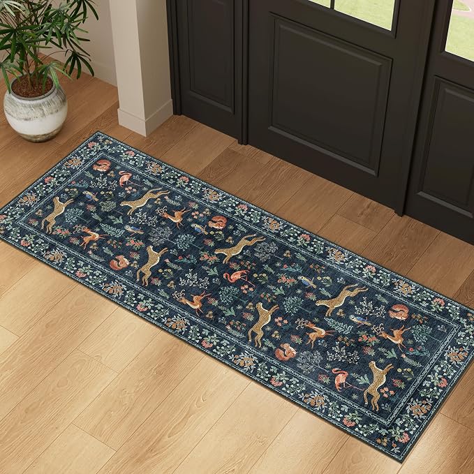 DUKINO 2x5 Rug for Hallway, Washable Kitchen Runner Rug with Non Slip Backing, Soft Low Pile Vintage Animal Runner for Bedroom, Kitchen, Hallway, Entryway, Laundry, Navy Blue