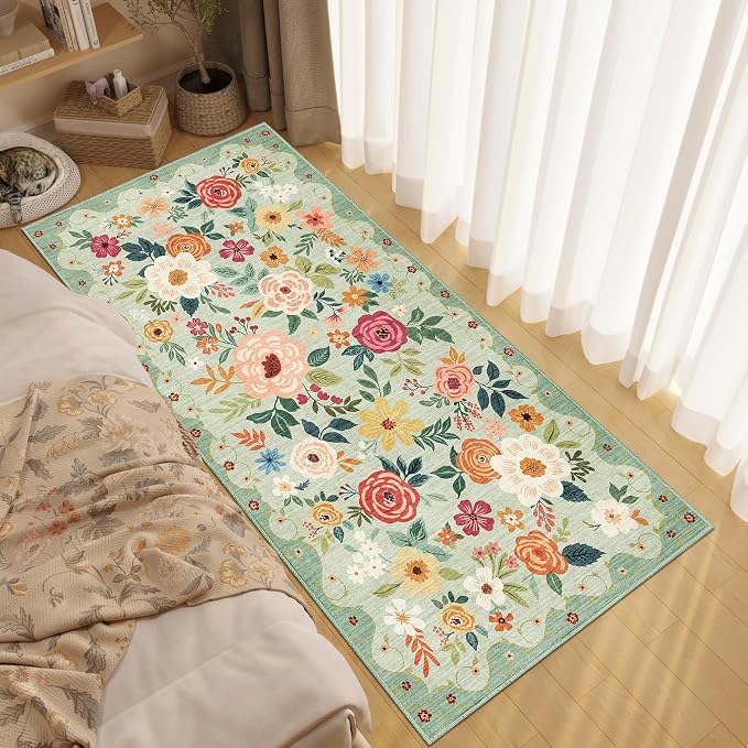 DUKINO 3x6 Runner Rug, Washable Soft Floral Hallway Runner Rug with Non Slip, Low Pile Thin Floor Carpet for Kitchen, Bathroom, Entryway, Laundry, Entryway, Green