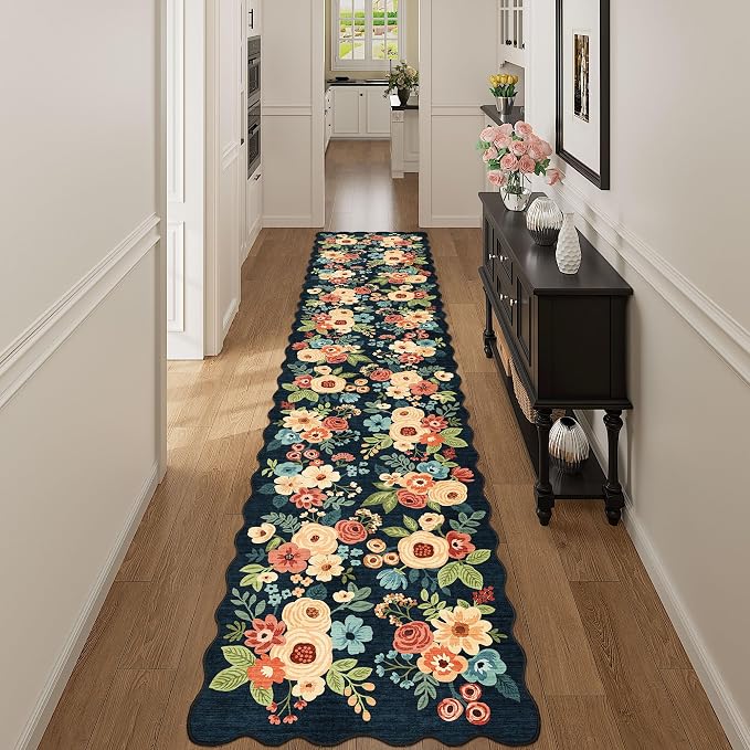 DUKINO 2x12 Runner Rug for Hallway, Soft Floral Washable Kitchen Runner Rug with Non Slip Backing, Lightweight & Low Pile Extra Loog Carpet for Entryway, Laundry Room, Entrance, Bedroom, Navy Blue
