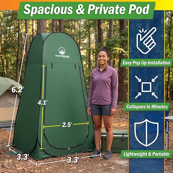 Wakeman Pop Up Changing Tent, 3.3 x 3.3 x 6.2ft, Camping Shower Tent for Portable Toilet Stall or Dressing Room with Carry Bag for Camping, Beach, or Tailgate, Polyester