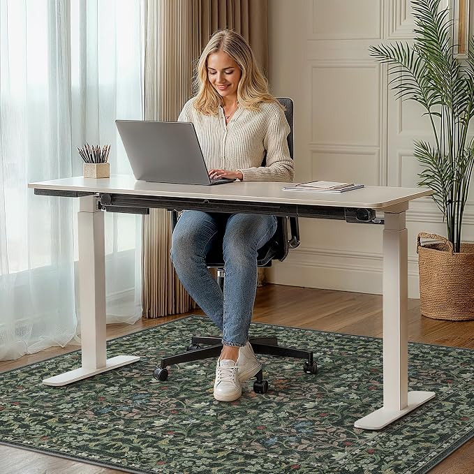 48"x60" Office Chair Mat for Hardwood Tile Floor, Under Desk Carpet Protector for Rolling Computer Chair Mat, Machine Washable Area Rug, Anti-Slip 1/5" Thick Low Pile Thin Vinyl Floor Mat, Moss Green