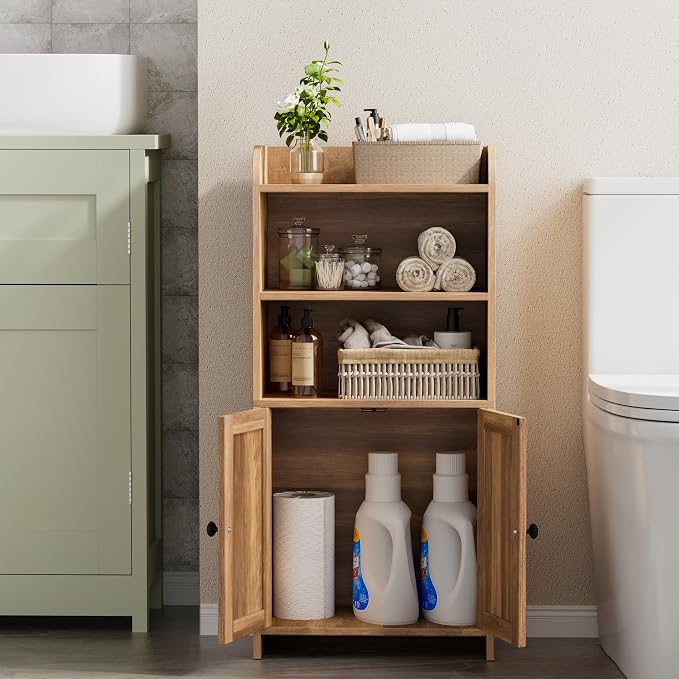 Homhedy Small Bathroom Storage Cabinet, Freestanding Toilet Paper Storage with 2 Doors and Shelves, Bathroom Organizers and Storage for Small Spaces, 7.9" D x 14.6" W x 31" H, Rustic Walnut
