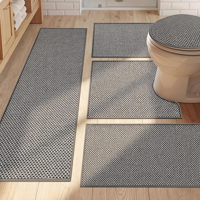YIHOUSE Thin Bath Mat Dark Grey Bathroom Rugs Sets 5 Pieces, Non Slip Absorbent Bath Mats Quick Dry, Woven Braided Rugs Washable, Rubber Tapetes para Baño for Bathroom Toliet,Bathtub