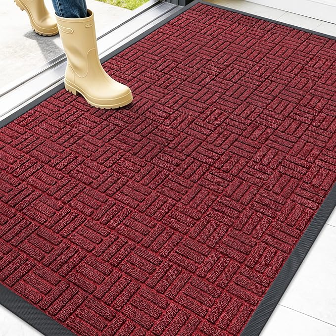 OLANLY Front Door Mat Outside Entrance 47x32, Absorbent, Heavy Duty Sturdy Natural Rubber Doormat Indoor Outdoor, Non-Slip, Stain and Fade Resistant, Low Profile Floor Mat for Entryway, Black Red