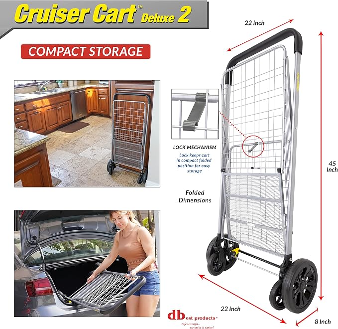 dbest Products Cruiser Cart Deluxe 2 Germ Guard Bundle Shopping Handle Grocery Rolling Folding Laundry Basket on Wheels Foldable Utility Trolley Compact Lightweight Collapsible