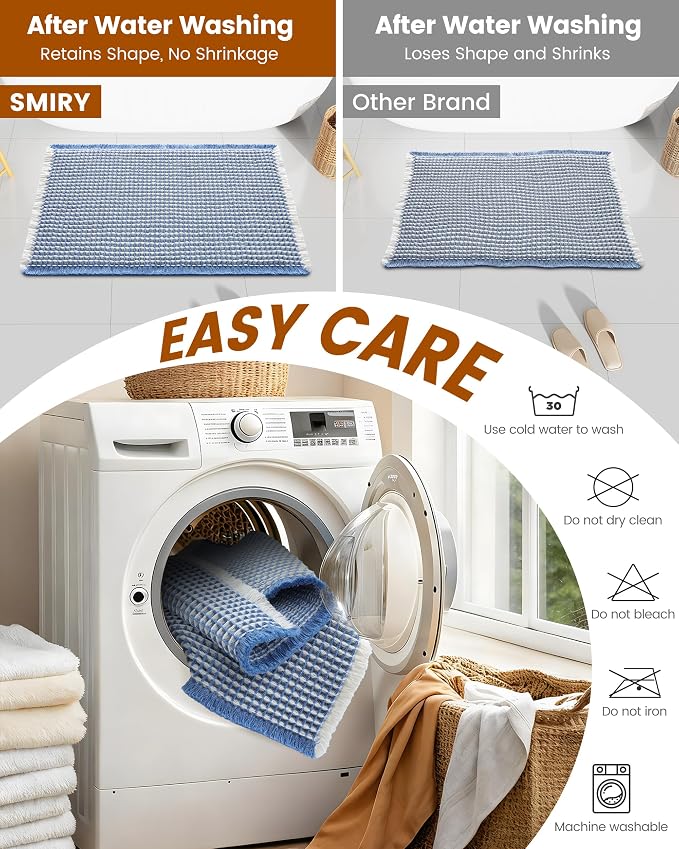 Smiry Waffle Bath Mat 30x20, Extra Soft Absorbent Bathroom Rugs, Non Slip Machine Washable Quick Dry Bath Rugs for Bathroom Floor, Tub, Shower, Home Decor Accessories, Blue & Cream