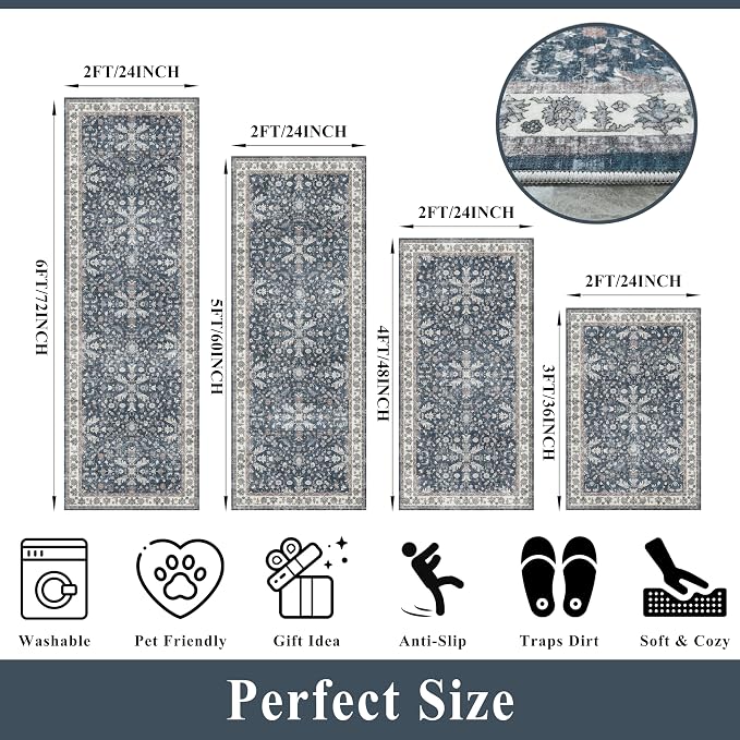 Kitchen Rug Sets 4-Piece with Runner – Washable Non-Slip Floor Mats for Sink, Entryway, Hallway, Bathroom – Soft Low-Pile Thin Boho Floral Rugs, New Home Decor (Blue, 2x3+2x4+2x5+2x6)