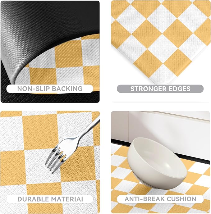 Yellow Checkered Grid Checkerboard Kitchen Rug Sets [2 PCs], Anti-Fatigue, Waterproof Non-Slip Kitchen Mats Heavy Duty Comfort Foam Rug for Kitchen, Floor, Laundry,17"x29"+17"x47"