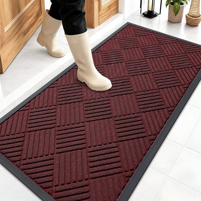 OLANLY Front Door Mat Outside Entrance 47x23, Absorbent, Heavy Duty Sturdy Natural Rubber Doormat Indoor Outdoor, Stain Fade Resistant, Non-Slip Low Profile Floor Mat for Entryway, Burgundy Diamond
