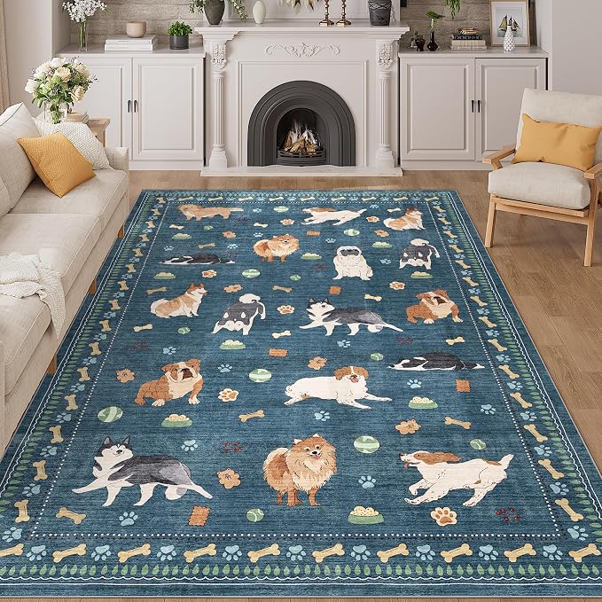 DUKINO 6x9 Rug for Living Room, Lightweight Animal Dog Print Washable Area Rug, Soft Non Slip & Low Pile Floor Mat, Stain Resistant Large Carpet for Bedroom, Nursery, Dining Room, Kids Playroom, Blue