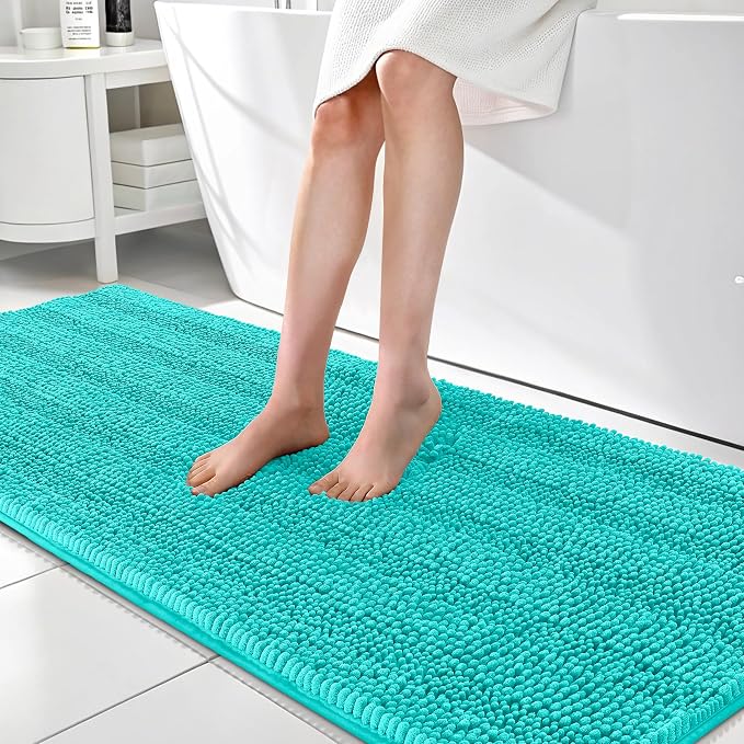 OLANLY Thick Bathroom Runner Rugs 70x24, Absorbent Chenille Striped Bath Rugs, Rubber Backing, Machine Wash Dry, Extra Long Bath Mats for Bathroom Floor, Tub and Shower, Home Decor Accessories, Teal