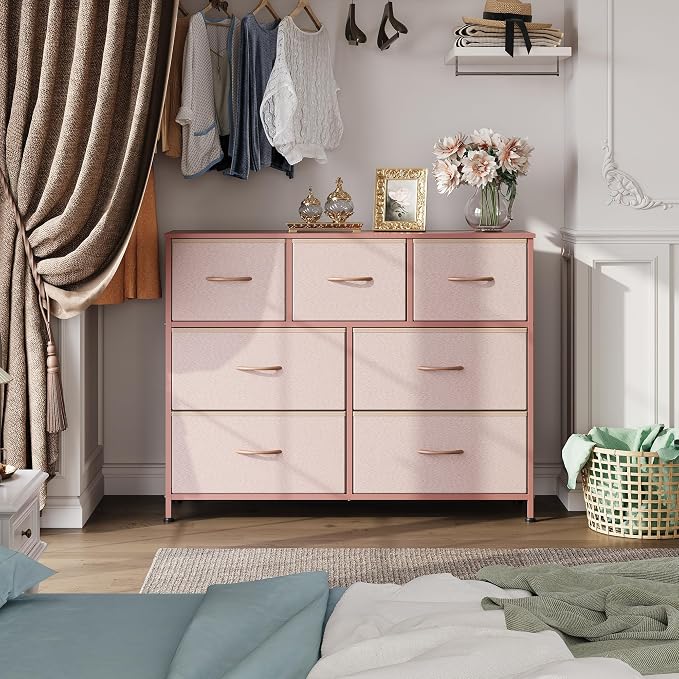 WLIVE 7 Drawer Dresser TV Stand, Entertainment Center, Media Console Table with Metal Frame and Wood Top for TV up to 45 inch, Chest of Drawers for Bedroom, Living Room, Pink