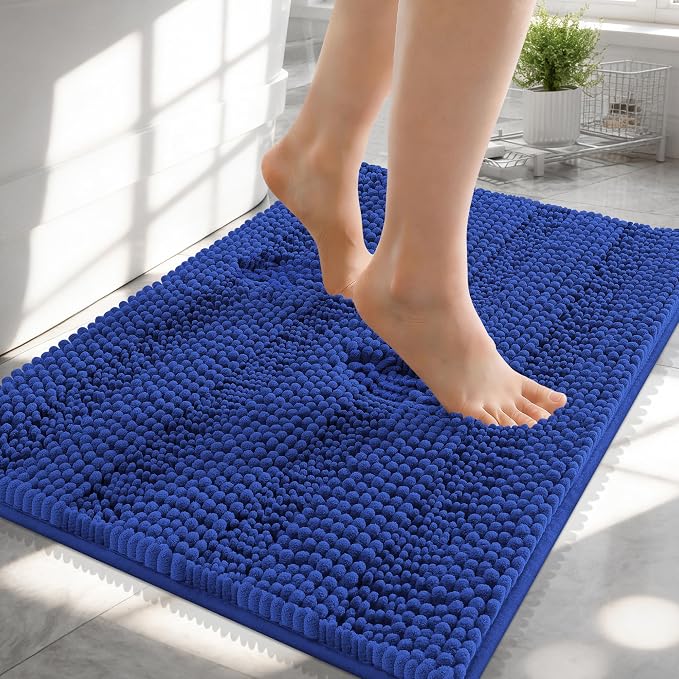 OLANLY Thick Small Bathroom Rugs 24x16, Extra Soft Absorbent Chenille Striped Bath Rugs, Rubber Backing, Machine Wash, Bath Mats for Bathroom Floor, Tub and Shower, Home Decor Accessories, Royal Blue