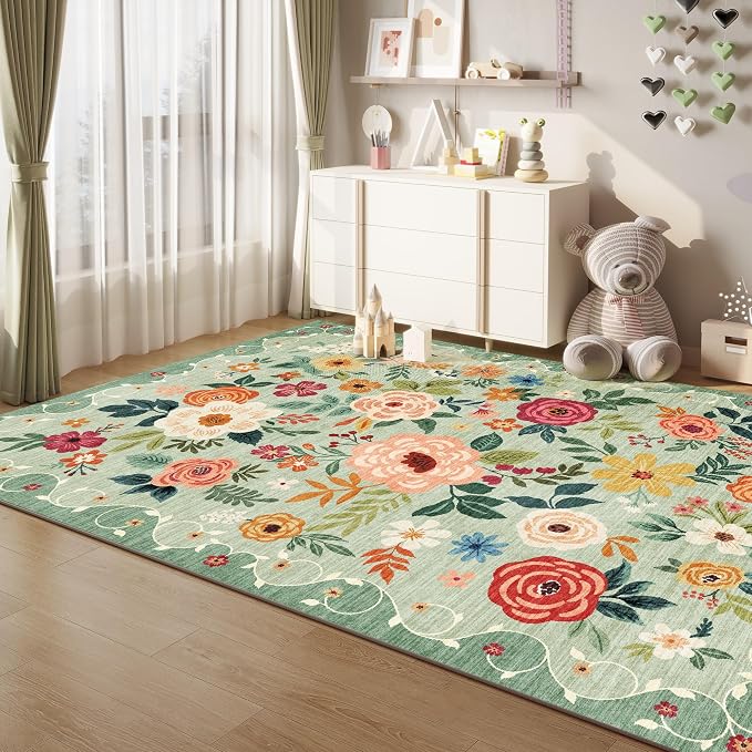 DUKINO 6x9 Area Rug, Floral Rugs for Living Room, Lightweight Non Slip Washable Rug, Indoor Low Pile & Non-Shedding Boho Design Rugs for Bedroom, Living Room, Dining Room, Green