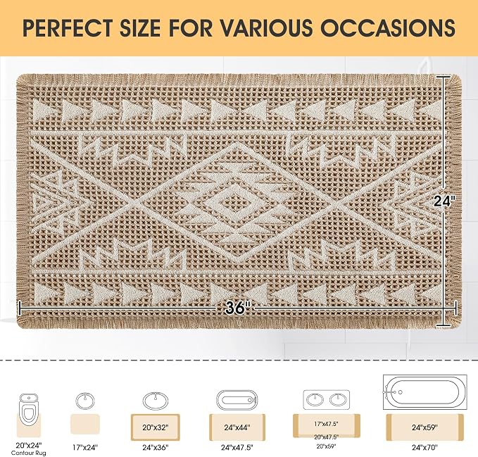 Waffle Bath Mat, Boho Woven Modern Bath Rug Absorbent Non Slip, Ultra Soft Bathroom Mats, Machine Washable Knit Bath Rugs with Triangle Border for Bathroom, Bedroom, Kitchen, 36"x24", Beige & White