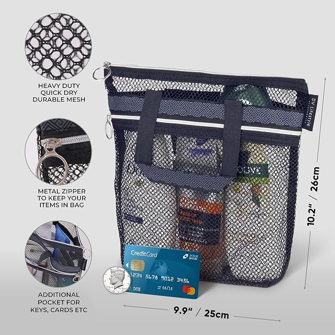 DV Lifestyle Mesh Shower Bag 10.2x9.9'' Quick-Dry Caddy with Zipper & 2 Pockets. Portable Toiletry Tote for Bathroom, Gym, Travel, Camp, Beach, for Sunscreen, Dorm & College Essentials (Black)