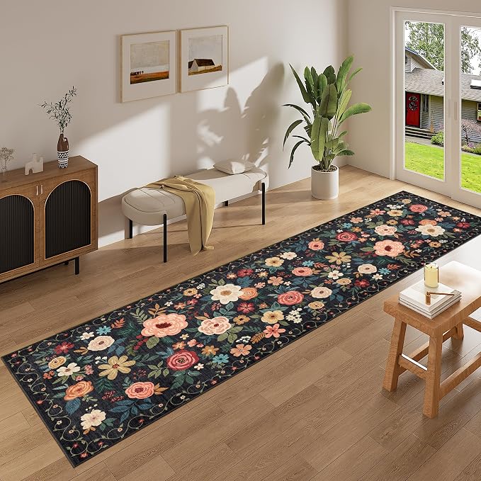 DUKINO 2.6x12 Kitchen Runner Rug, Lightweight Floral Washable Rug for Hallway, Boho Low Pile & Non Slip Backing Soft Floor Carpet for Entryway, Bedroom, Bathroom, Laundry, Black