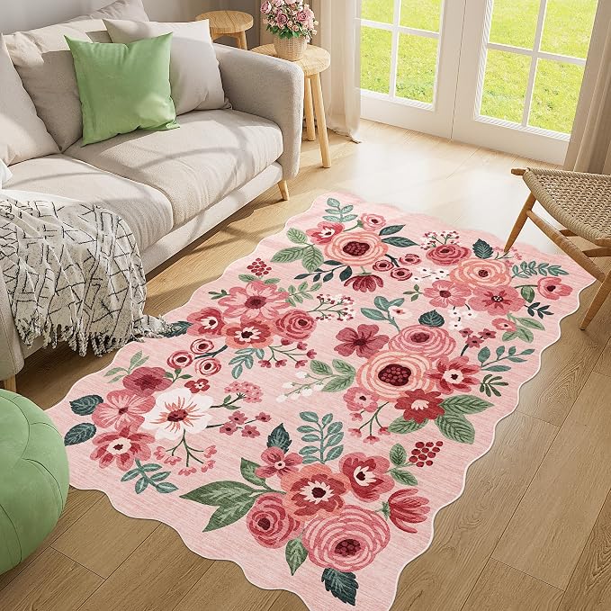 DUKINO 4x6 Area Rug, Floral Non-Slip Indoor Washable Rug with Low Pile & Non-Shedding, Lightwight Boho Design Carpet for Entryway, Bedroom, Kids Room, Living Room, Kitchen, Pink