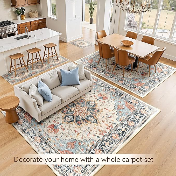 RELEANY Area Rugs 5'x7' Washable Non-Slip, Floral Vintage Distress Medallion Carpet for Living Room Bedroom Dining Room, Beige Navy Blue Orange Colorful