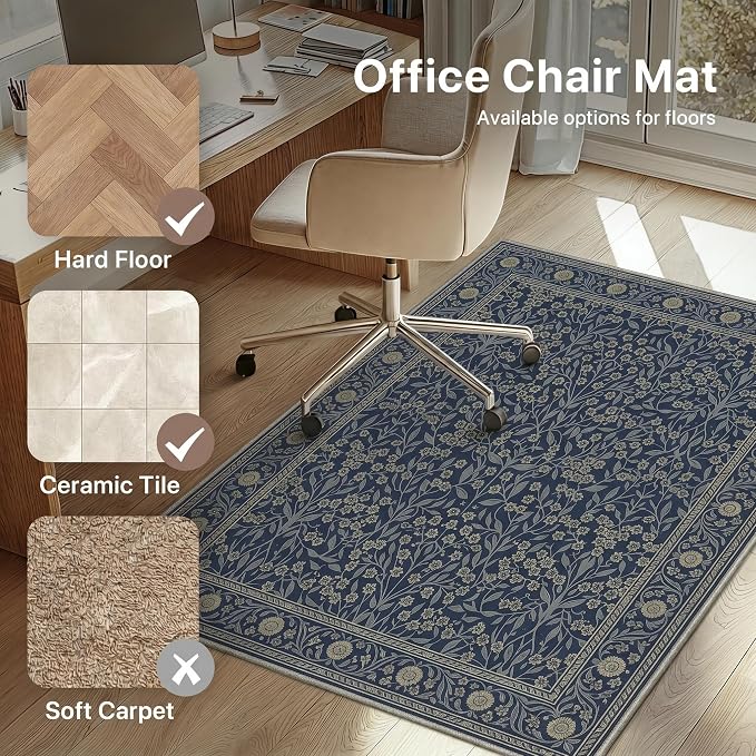 48"x72" Office Chair Mat for Hardwood Tile Floor, Under Desk Carpet Protector for Rolling Computer Chair Mat, Machine Washable Area Rug, Anti-Slip 1/5" Thick Low Pile Thin Vinyl Floor Mat, Floral Navy