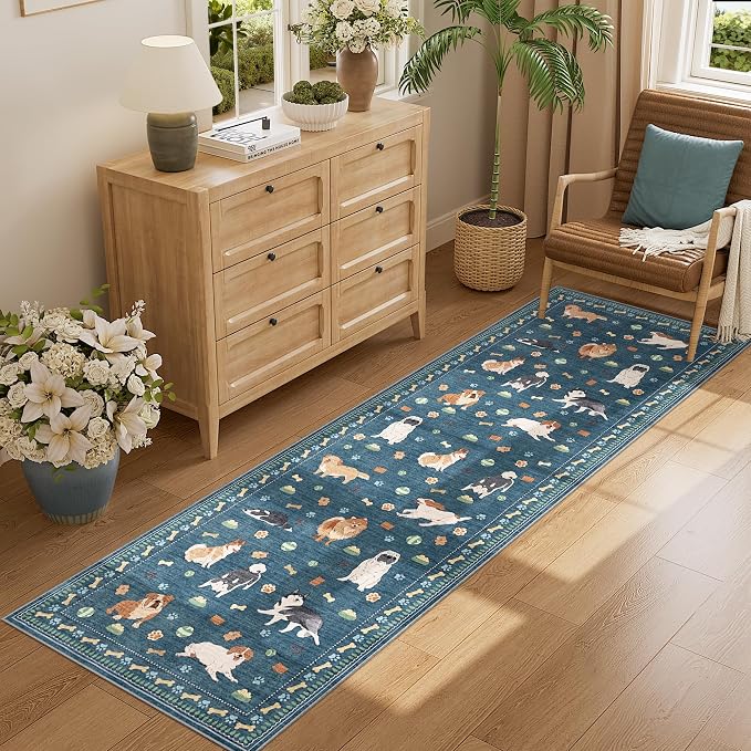 DUKINO 2x10 Runner Rug for Hallway, Washable Animal Dog Print Kitchen Rug with Low Pile, Soft Non Slip Indoor Non Shedding Long Carpet Runner for Entryway, Bedroom, Bathroom, Laundry, Blue
