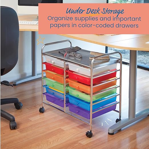 ECR4Kids 12-Drawer Value Mobile Storage Utility Cart, Craft Organizer, Assorted