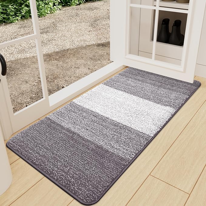 Kitinjoy Indoor Outdoor Door Mat, 47x24 Non-Slip Absorbent Dirt Trapper, Low-Profile Washable Inside Entrance Front Floor Mat, Sturdy Soft Entry Doormats for Entryway, Light Grey
