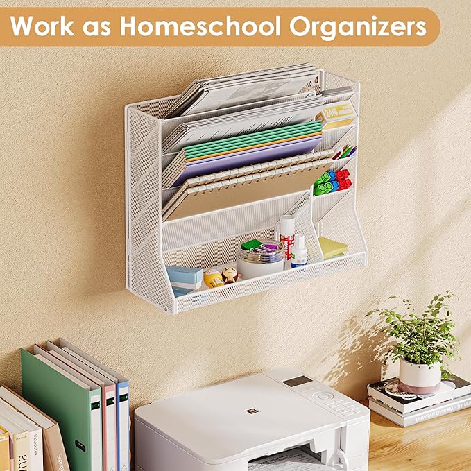 Jakyitvi Wall File Organizer, 5-Tier Hanging Wall File Organizer with R-shaped Bottom Tray, Desk Organizer with 4 Tiers Durable Adjustable Metal & 4 Pen Slots Stable, Wall Organizer for Office, White