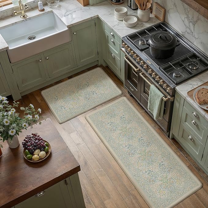 Kitchen Mats for Floor Thick Anti Fatigue Waterproof Vintage Spring Floral Kitchen Rugs 2PCS Cushioned Non Blue Comfort Standing Mats for Sink Laundry Office 17.3"×47"+17.3"×30"