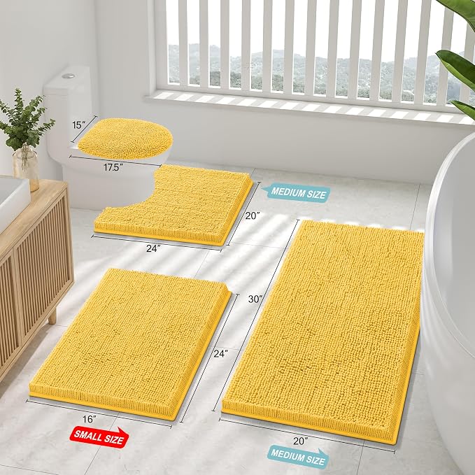 Smiry Luxury Chenille Bathroom Rugs 34x21, Extra Soft and Absorbent Shaggy Bath Mat, Machine Washable, Non-Slip Plush Carpet Runner for Tub, Shower, and Floor, Home Decor Accessories, Yellow