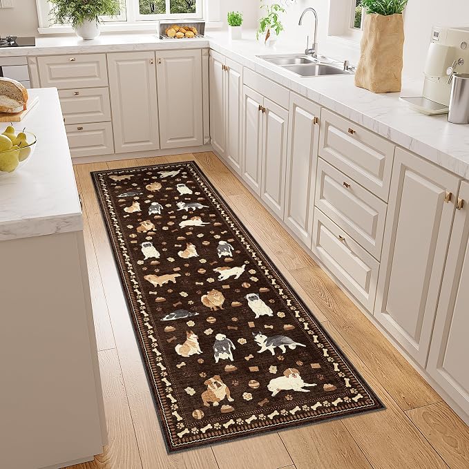 DUKINO 2x6 Washable Runner Rug for Hallway, Non Slip Animal Dog Kitchen Rug with Low Pile Design, Ultra Soft & Stain Resistant Indoor Carpert Runner for Entryway, Bedroom, Laundry, Bathroom, Brown