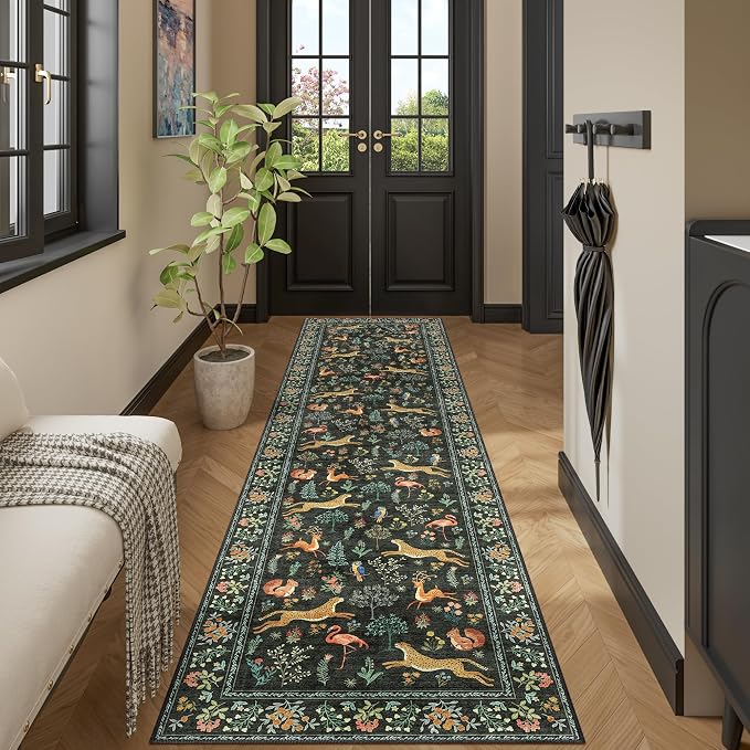 DUKINO Washable 2.6x10 Runner Rug, Non Slip Animal Print Runner Rug for Hallway, Vintage Low Pile & Stain Resistant Soft Indoor Carpet Runner for Kitchen, Bathroom, Laundry, Bedroom, Black