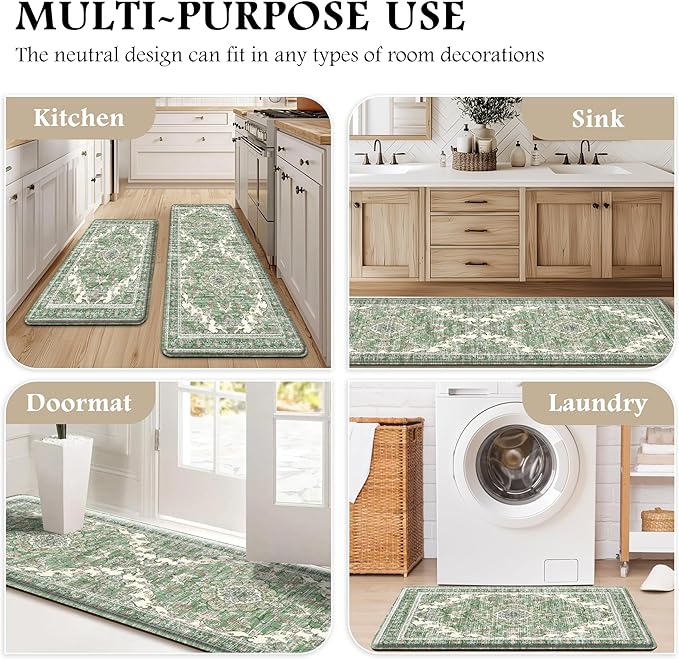 Boho Kitchen Mats for Floor 2 Piece Set Anti Fatigue Cushioned PVC Kitchen Rugs Non Slip Waterproof Farmhouse Mats 2/5 Inch Comfort Standing Mat for Sink, Laundry, 17.3"x59"+17.3"x28", Spring Green