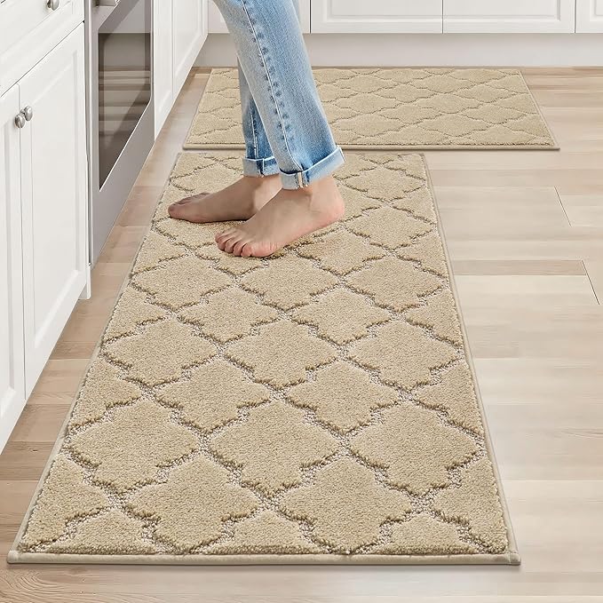COSY HOMEER Kitchen Rugs 20"x32"/20"x48" Non-Slip Washable Kitchen Mats for Floor Absorbent Kitchen Carpet Soft Rugs for Kitchen,Sink Mat,Entrance,Area Rug,Warm Beige