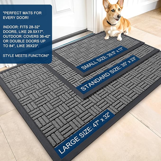 OLANLY Front Door Mat Outside Entrance 47x32, Absorbent, Heavy Duty Sturdy Natural Rubber Doormat Indoor Outdoor, Stain and Fade Resistant, Non-Slip Backing Low Profile Floor Mat for Entryway, Grey