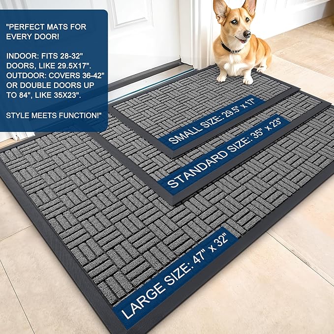 OLANLY Front Door Mat Outside Entrance 47x17, Absorbent, Heavy Duty Sturdy Natural Rubber Doormat Indoor Outdoor, Stain and Fade Resistant, Non-Slip Backing Low Profile Floor Mat for Entryway, Grey