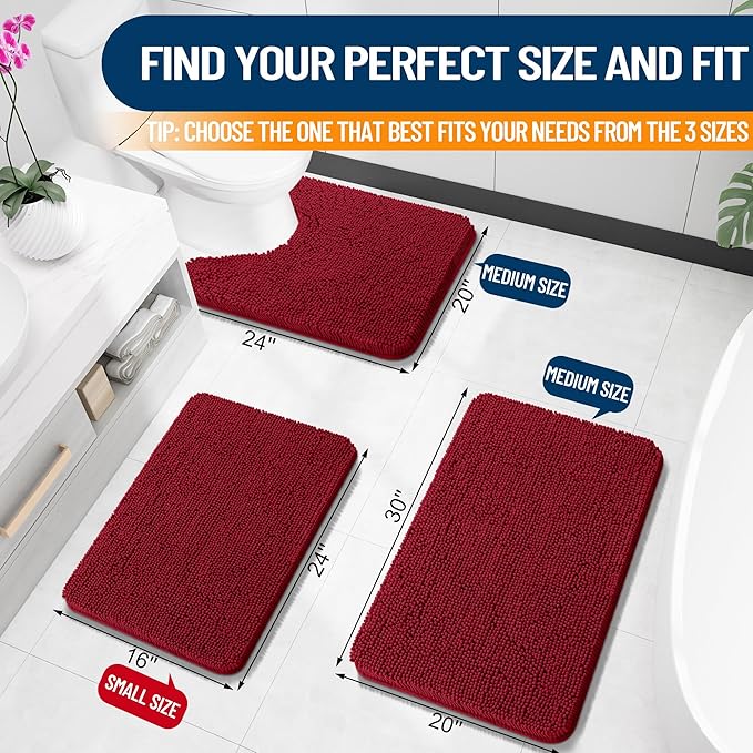 OLANLY Small Bathroom Rugs 24x16, Extra Soft Absorbent Chenille Bath Rugs, Rubber Backing Quick Dry, Machine Washable Bath Mats for Bathroom Floor, Tub and Shower, Home Decor Accessories, Red