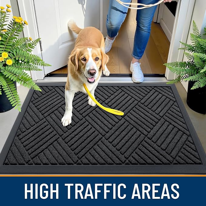 OLANLY Front Door Mat Outside Entrance 59x34, Absorbent, Heavy Duty Sturdy Natural Rubber Doormat Indoor Outdoor, Stain and Fade Resistant, Non-Slip Low Profile Floor Mat for Entryway, Black Diamond
