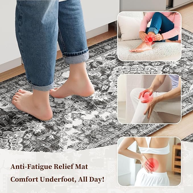 Boho Kitchen Mats for Floor 2 Piece Set Anti Fatigue Cushioned PVC Kitchen Rugs Non Slip Waterproof Farmhouse Mats 2/5 Inch Comfort Standing Mat for Sink, Laundry, 23.6"x39"+23.6"x59",D4