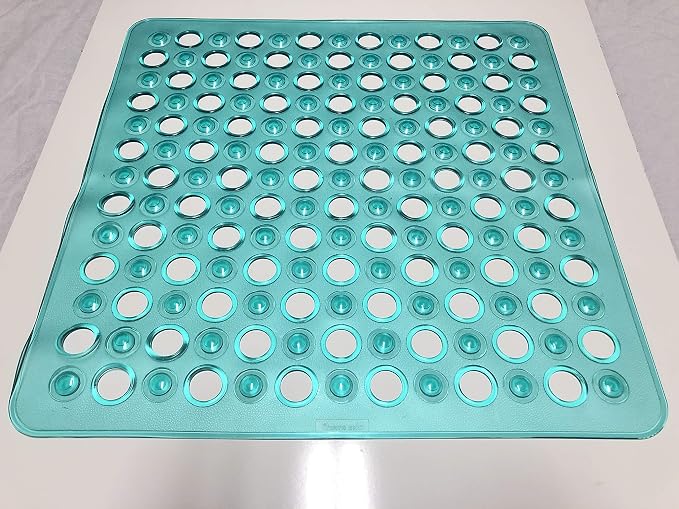 20"x20" Non-Slip Shower Mat (Smooth/Non-Textured Showers Only, Not for Over Drain) Safe, Clean, Machine-Washable, Superior Grip, Vinyl, Transparent Turquoise (Green-Blue)