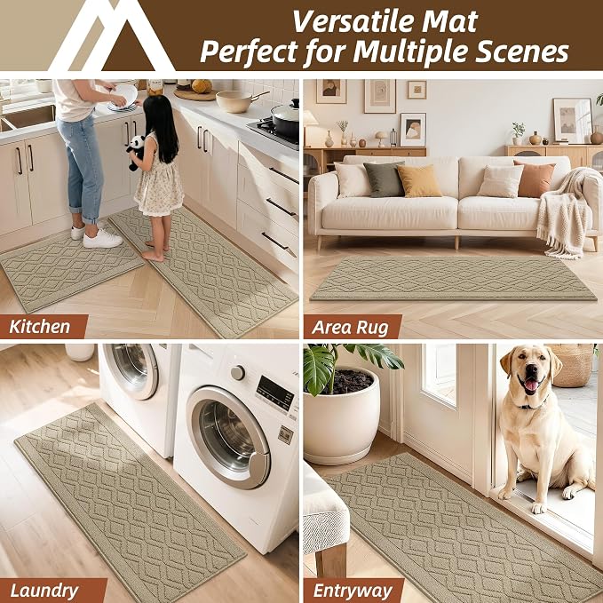 COSY HOMEER 60x24Inch/35X24Inch Kitchen Rugs Sets Non-Slip Washable Kitchen Mats for Floor Polypropylene Absorbent Kitchen Runner for Kitchen Sink Hallway Entryway(Beige)