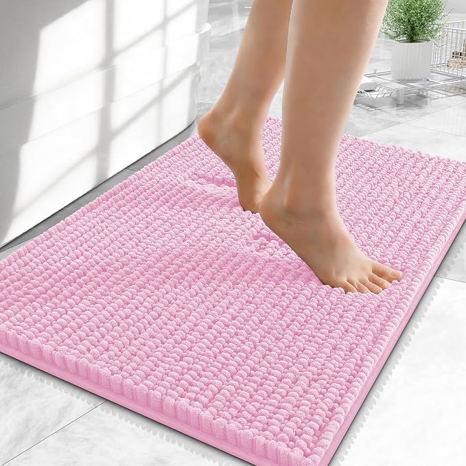 OLANLY Thick Small Bathroom Rugs 24x16, Extra Soft Absorbent Chenille Bath Rugs, Rubber Backing, Machine Wash Dry, Bath Mats for Bathroom Floor, Tub and Shower, Home Decor Accessories, Pink