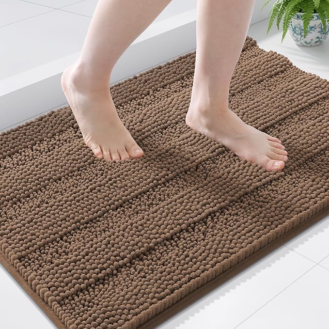 Grandaily Chenille Striped Bathroom Rugs 36x24, Extra Thick and Soft Absorbent Bath Mats, Rubber Backing, Plush Shaggy Shower Carpet, Machine Wash Dry, Bath Rug for Bathroom, Mocha