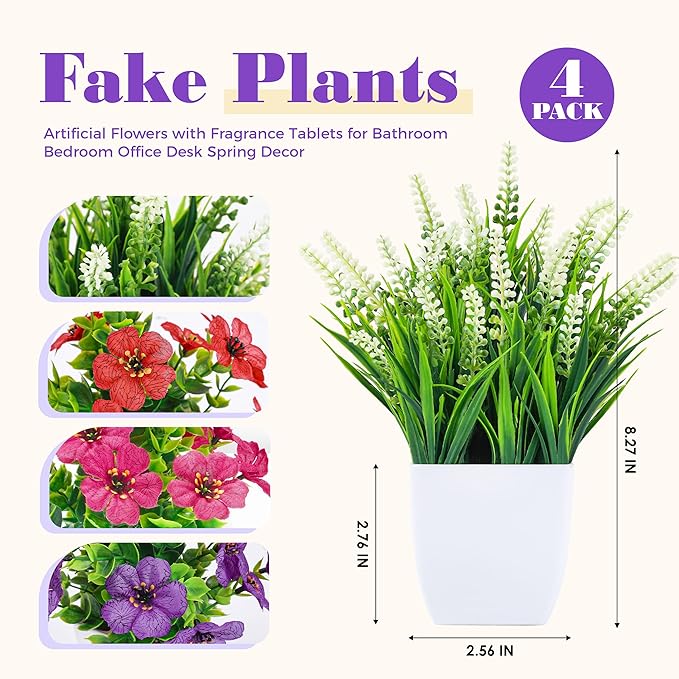 Der Rose Fake Plants 4 Pack Small Artificial Flowers in White Pots for Desk Bathroom Shelf Bedroom Office Tabletop Spring Home Decor