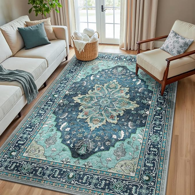 RELEANY Area Rugs 5'x8' Washable Non-Slip, Floral Vintage Distress Medallion Carpet for Living Room Bedroom Dining Room, Teal Green Lake Blue Turquoise